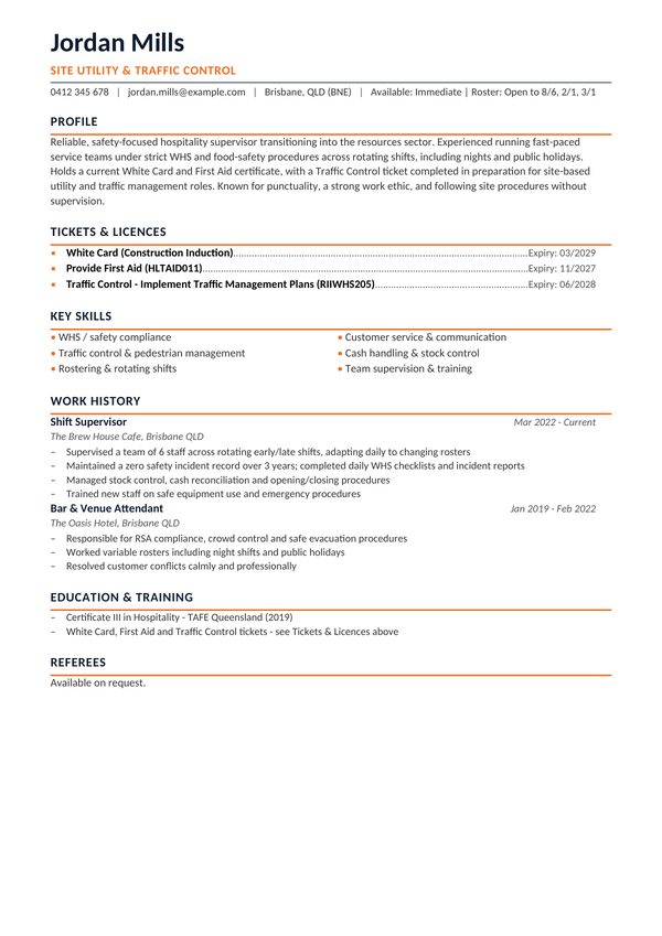Fictional example resume after a FIFO Resume Rebuild — career changer version, tickets and roster availability up top, single-column ATS-safe layout