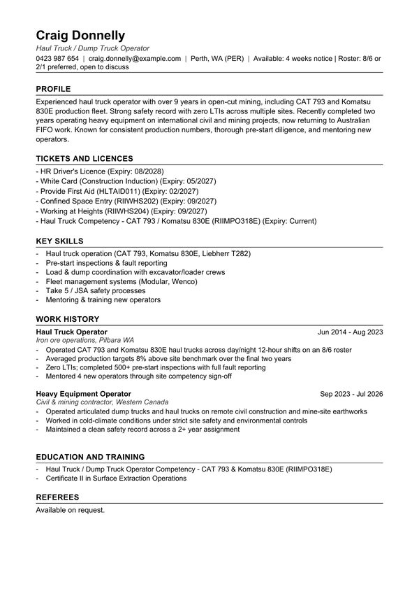 Fictional example resume after a FIFO Resume Rebuild — experienced haul truck operator version, equipment and safety record front and centre